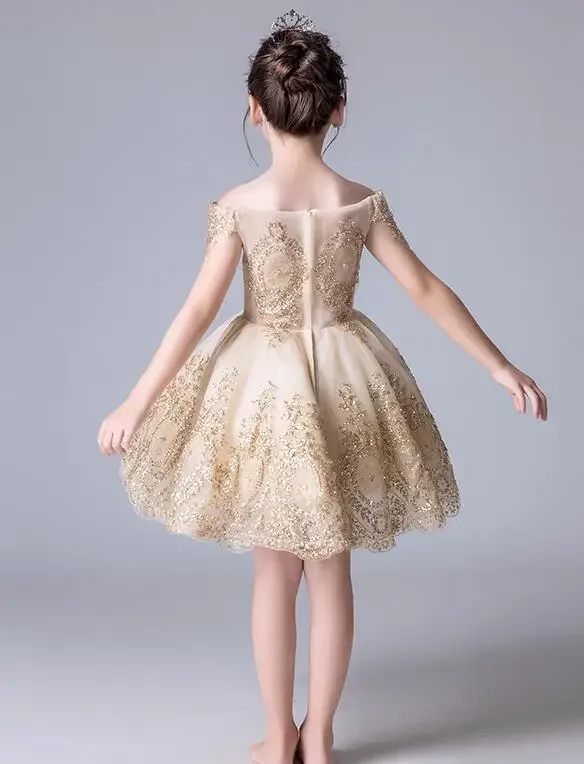 Gouden Tule Pailletten Meisjes Zomerjurk Strapless Bloemenmeisje Jurk Voor Bruiloftsfeest Optocht Prinses Eerste Communie Jurken