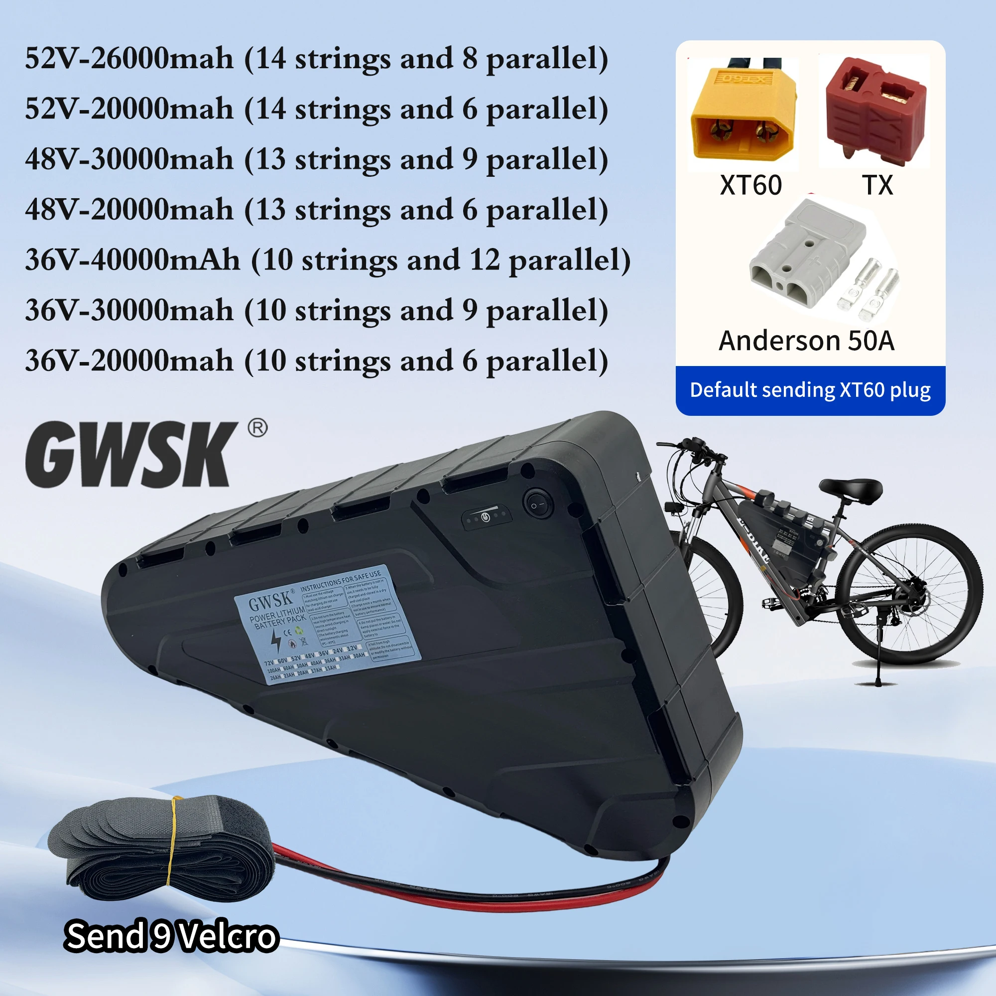 

Air transportation, sufficient capacity triangular bag 18650 lithium-ion battery 36V/48V/52V, application 500W-2000W
