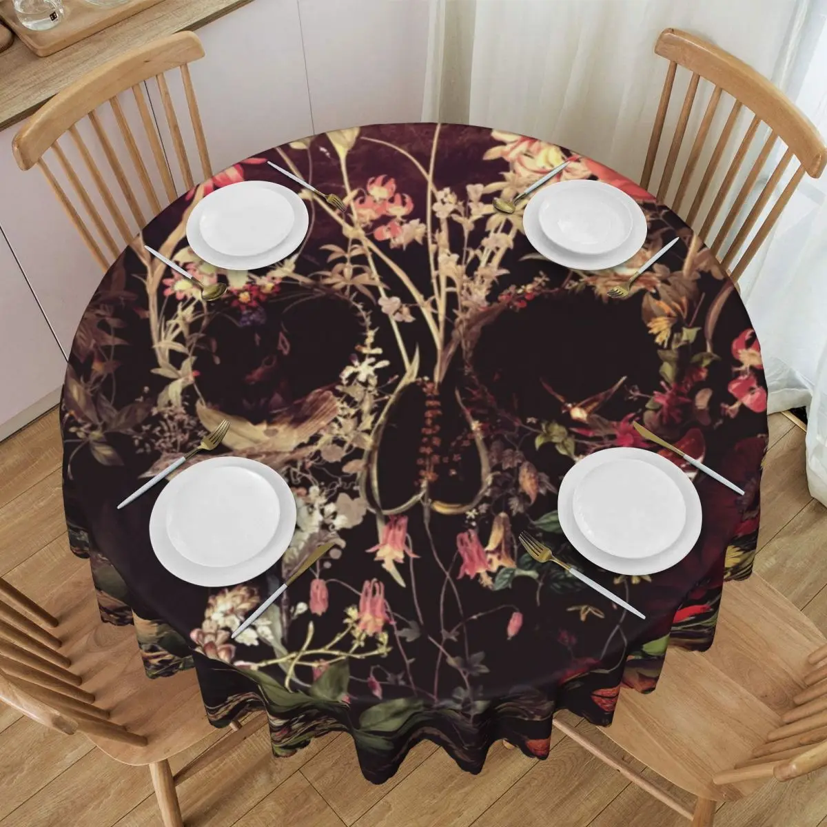 Custom Round Waterproof Halloween Bloom Skull Table Cover Floral Art Tablecloth for Dining 60 inches Table Cloth