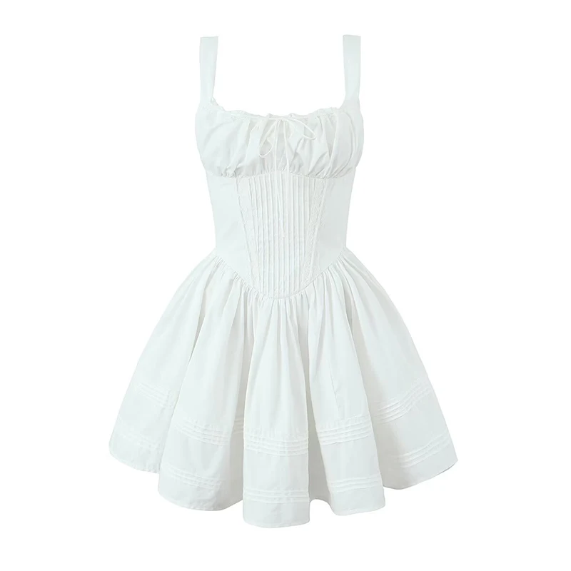 YENKYE-Vestido corto de algodón para mujer, minivestido Sexy y elegante con tirantes blancos, corte de encaje, cintura baja, para vacaciones de verano