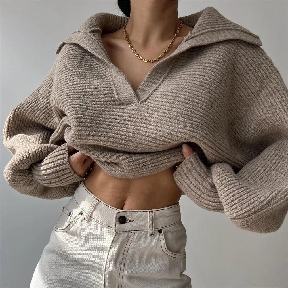 Loose Fit Womens Solid Pullover Sweater Long Sleeve Casual Top with Lapel Design for Summer Vacation Beach Fitness Use