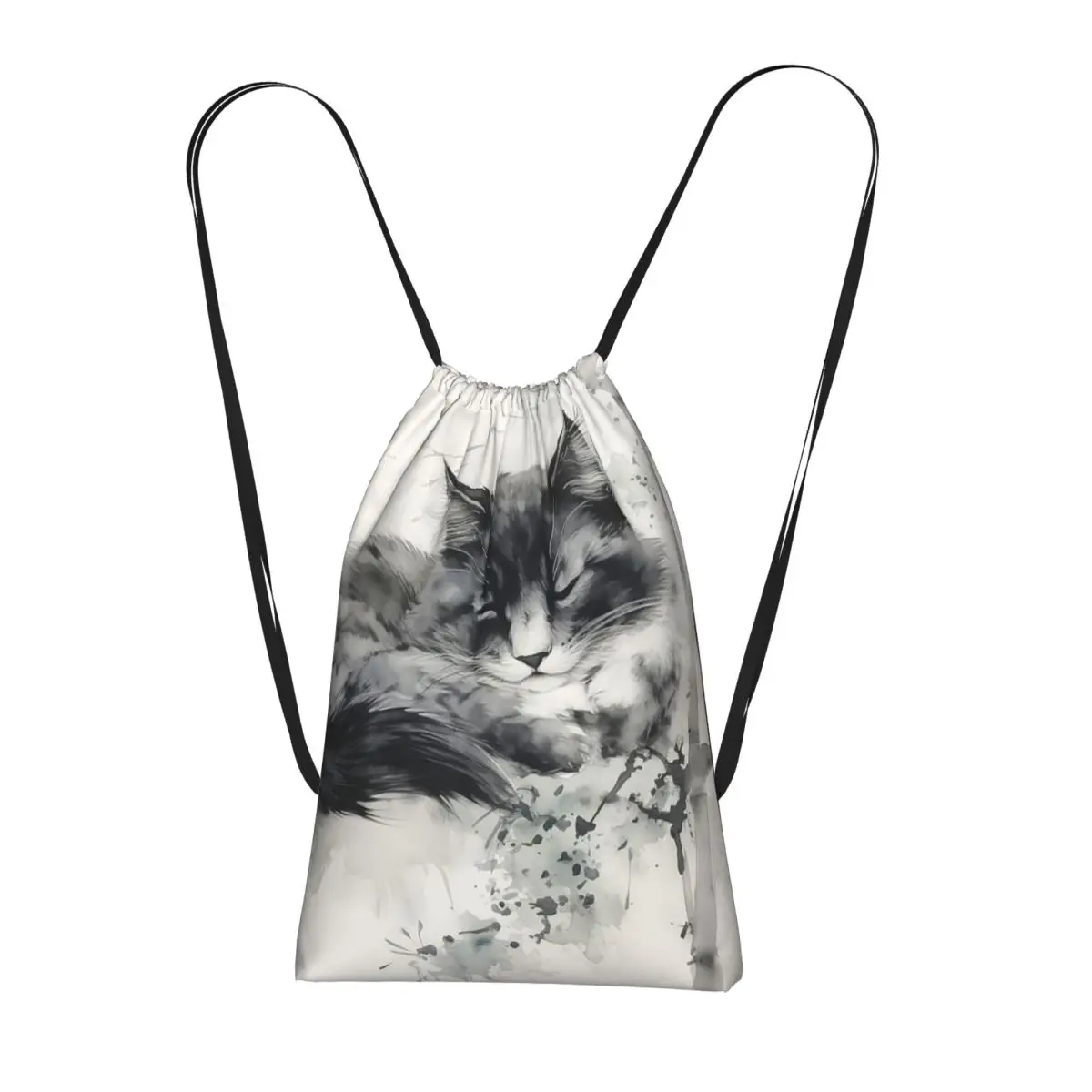 Cat Sleeps On A Tree Branch Print Backpacks Casual Drawstring Bundle Pocket Storage Bag Book Bags for Man Woman School