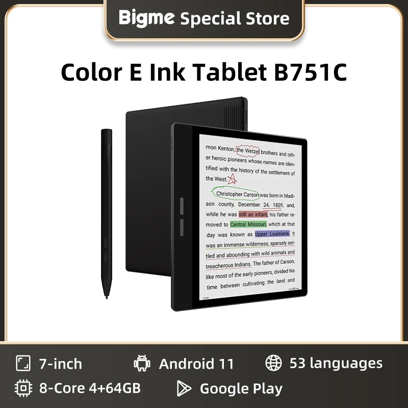 BIGME B751C 7-inch Ebook Reader, E-ink Electronic Book ereader, Portable e-book reading Tablet,  Android 11, support Google Play