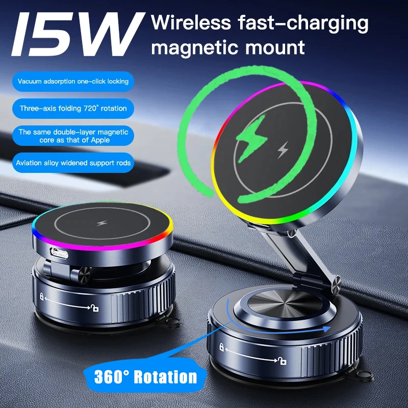 Carregador sem fio magnético com luz RGB para carro 720 °   Gire suporte de telefone com suporte de sucção a vácuo para Magsafe iPhone 17 ~ 12 carregamento rápido