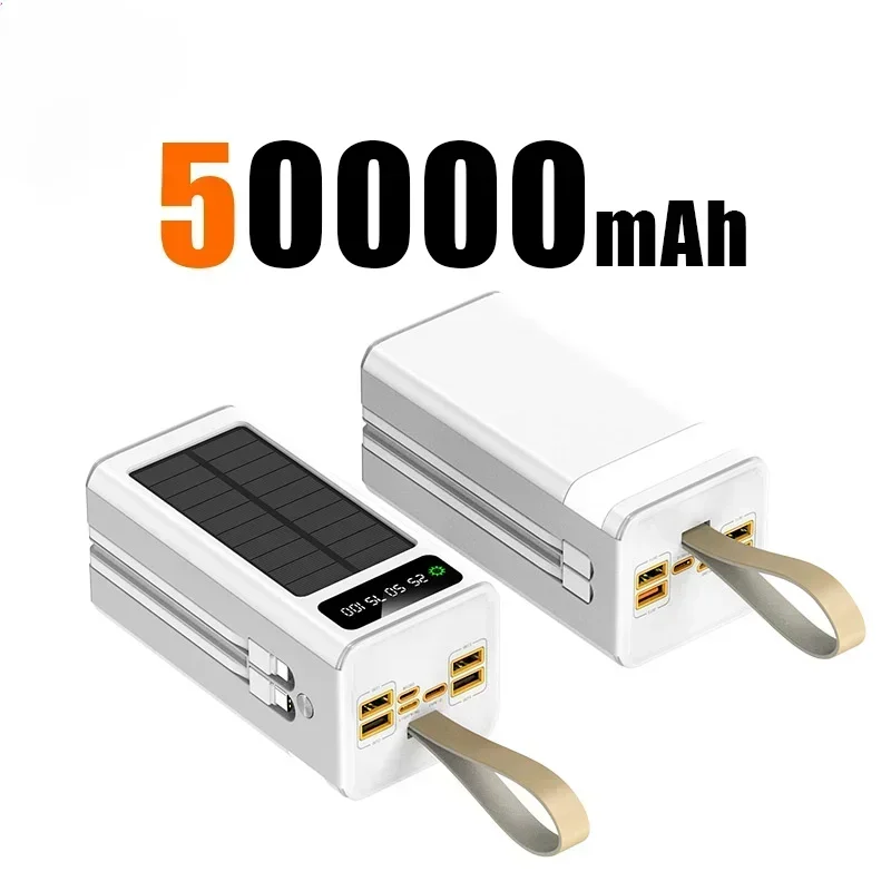 50000mAh Thicken Solar Power Bank Big capacity Built-in Cables External Battery LED Light Power