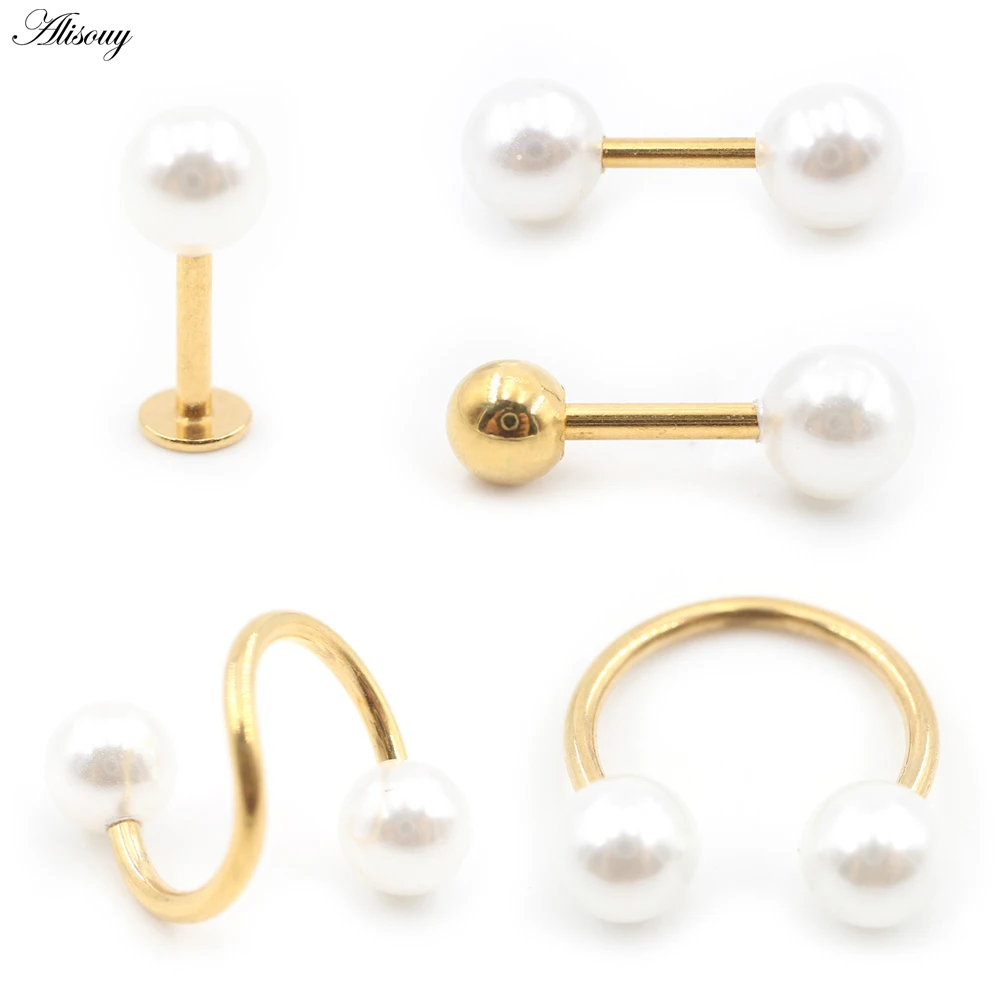 1PC Stainless Steel Pearl Ball Lip Labret Nose Ring Daith Ear Septum Tragus Cartilage Helix Hoop Earring Piercing Body Jewelry