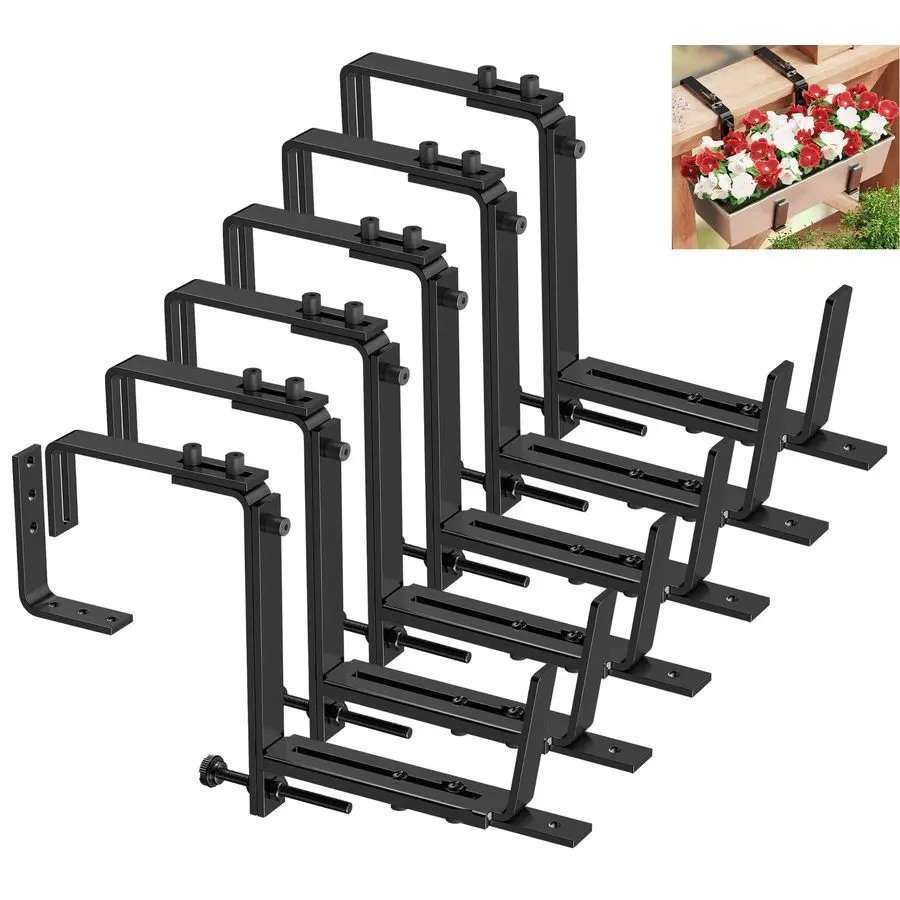 

6 Pack Deck Railing Adjustable Planter Box Brackets 6 to 12.5 in, Universal Window Box Brackets, Heavy Duty Iron Flower Box Wall