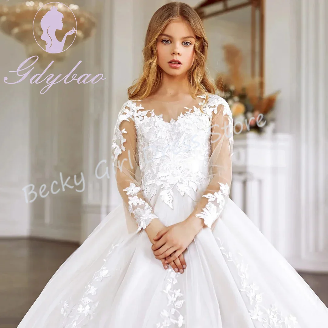 Индивидуальные платья цвета слоновой кости для девочек-цветочниц на свадьбу, атласные аппликации длиной до пола, платье Quinceanera для первого причастия, выпускного вечера