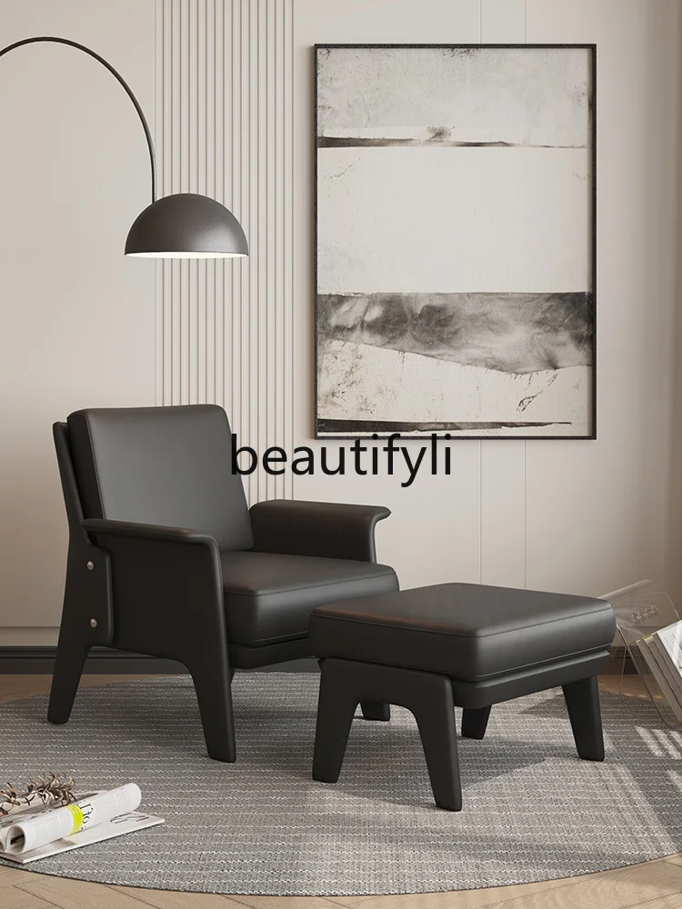 

Italian minimalist leather single sofa leisure chair living room single chair solid wood feet