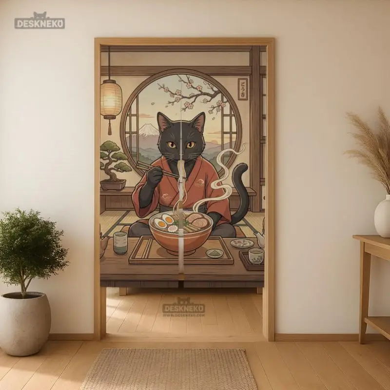 VIKAMA Black Cat Ramen Noren Door Curtain Japanese Mount Fuji Partition Privacy Curtain for Kitchen Bedroom
