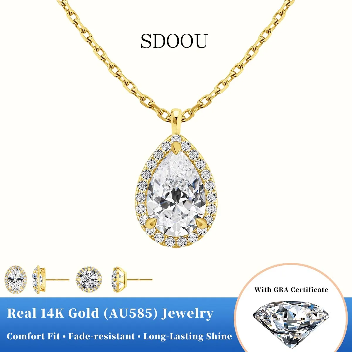 

SDOOU Trend 1CT Halo Round Cut Moissanite Stud Earrings 14k Gold Pendant Necklace Certified Daily Party Travel Jewelry For Girls