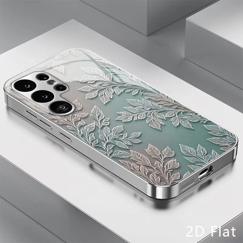 Cyan Background Silver Leaf Embossed Ornament Pattern Electroplated Glass Phone Case for Samsung Galaxy S26 S25 S24 S23 S22 S21