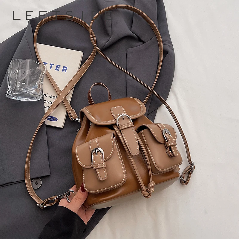 

LEFTSIDE Women Mini Pu Leather Backpacks 2025 New Korean Fashion Luxury Double Pockets Backpack Student School Bag Back Packs