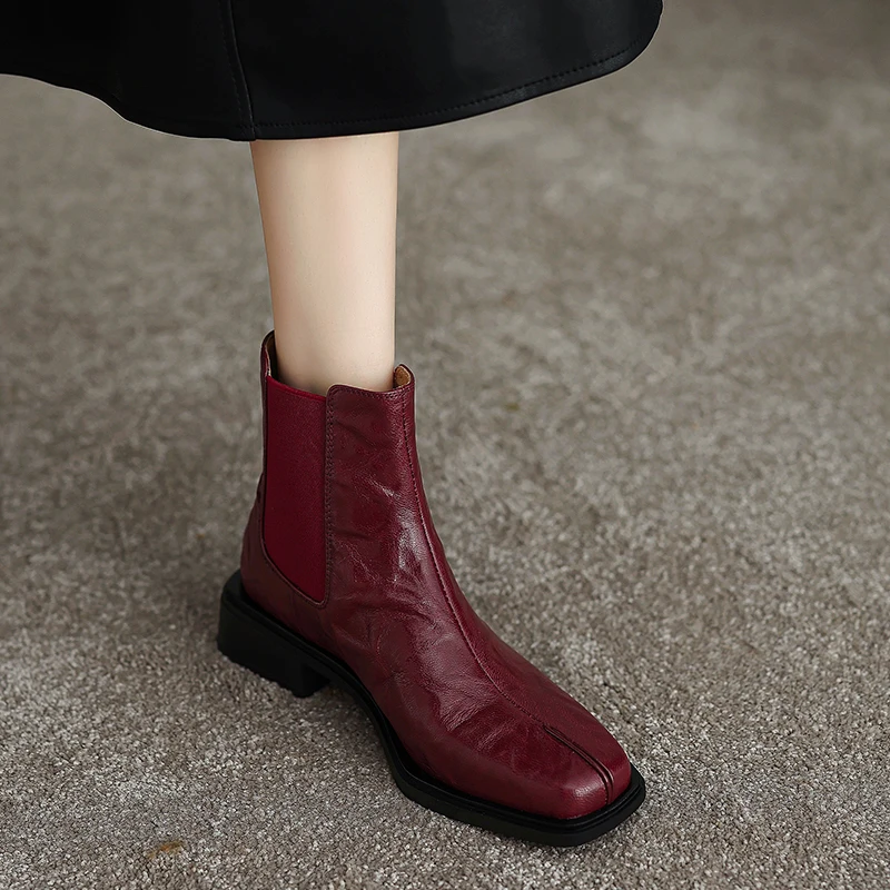 

Handmade Genuine Leather Sheepskin Women Chelsea Boots Elastic Band Fashion Ankle Boots Pointed Toe Booties Red High Heels