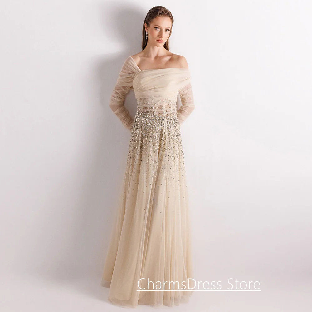 Classic Arabian Evening Dress Customized Long Sleeves Heavy Beading Sequined A Line Formal Occasion Dresses Arab Prom Gown image 4