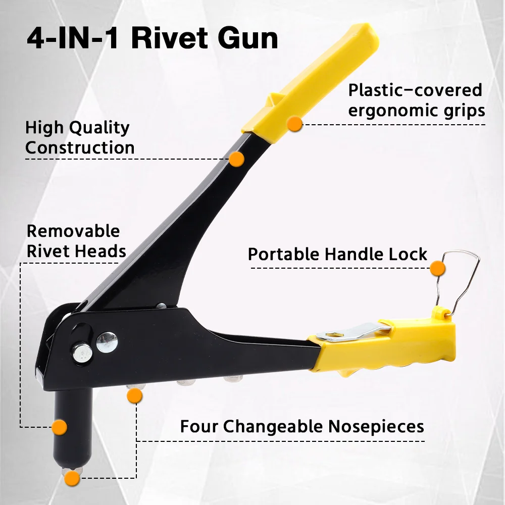 Rebitadeira manual profissional, com 4 cabeças de rebite, rebitadeira cega para uso doméstico, ferramenta de rebitagem rápida, adequada para rebites de 2,4 mm, 3,2 mm, 4,0 mm e 4,8 mm.