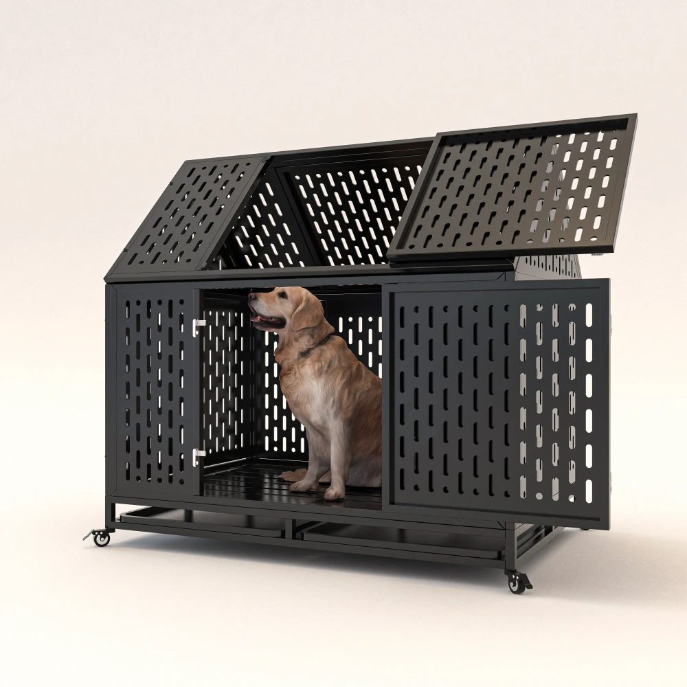 

45 inch Indestructible Pet Dog Cage Crate Kennel with Roof Top 2 Doors Removable Trays, Lockable Wheels, Escape-Proof