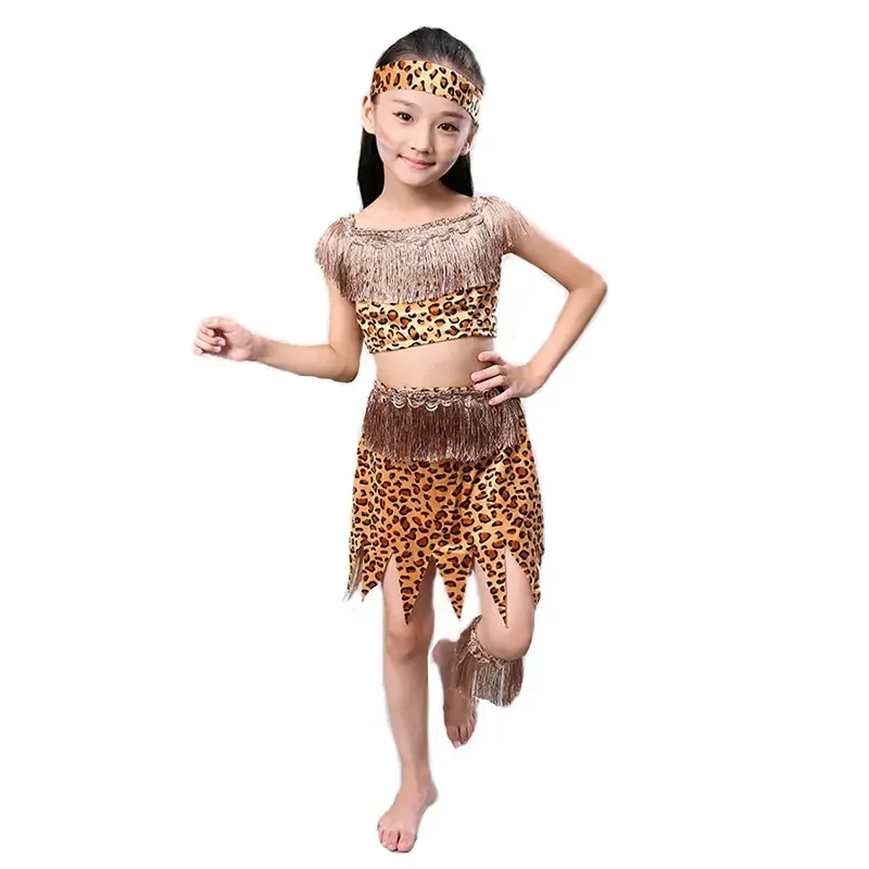 Children Savage Caveman Costumes Boy Leopard African Tribal Hunter Clothing For Girl Performance Cosplay Dress B12