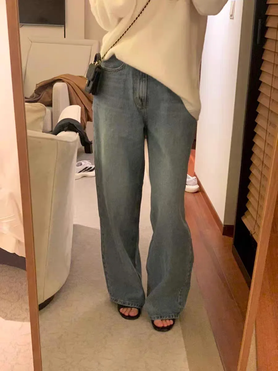 

Loose High Waist Deep Blue Denim Jeans Women's Long Pants Autumn New Style Dongdaemun Obet Korean Style Cotton Zipper