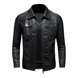 Autumn Winter New Mens Leather Jackets Black PU Coat Fashion Slim Fit Turn Down Collar Multi Pocket Zipper Faux Leather Jacket