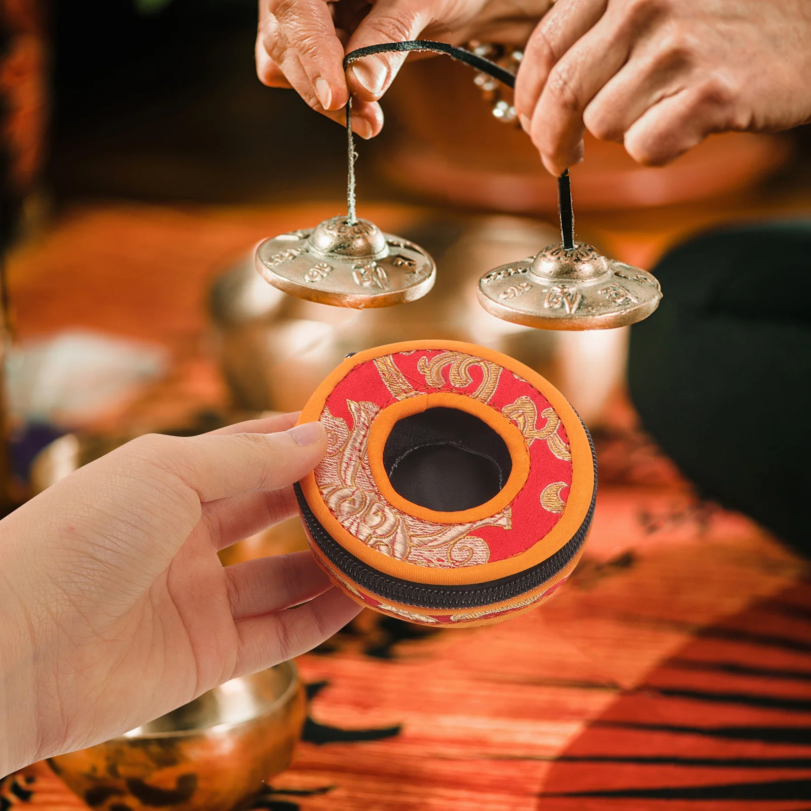 Finger Cymbals Bag Handmade Embroidered Cloth Material Fit For Tingsha Bell Zipper Pouch Protector Case Holder Instrument