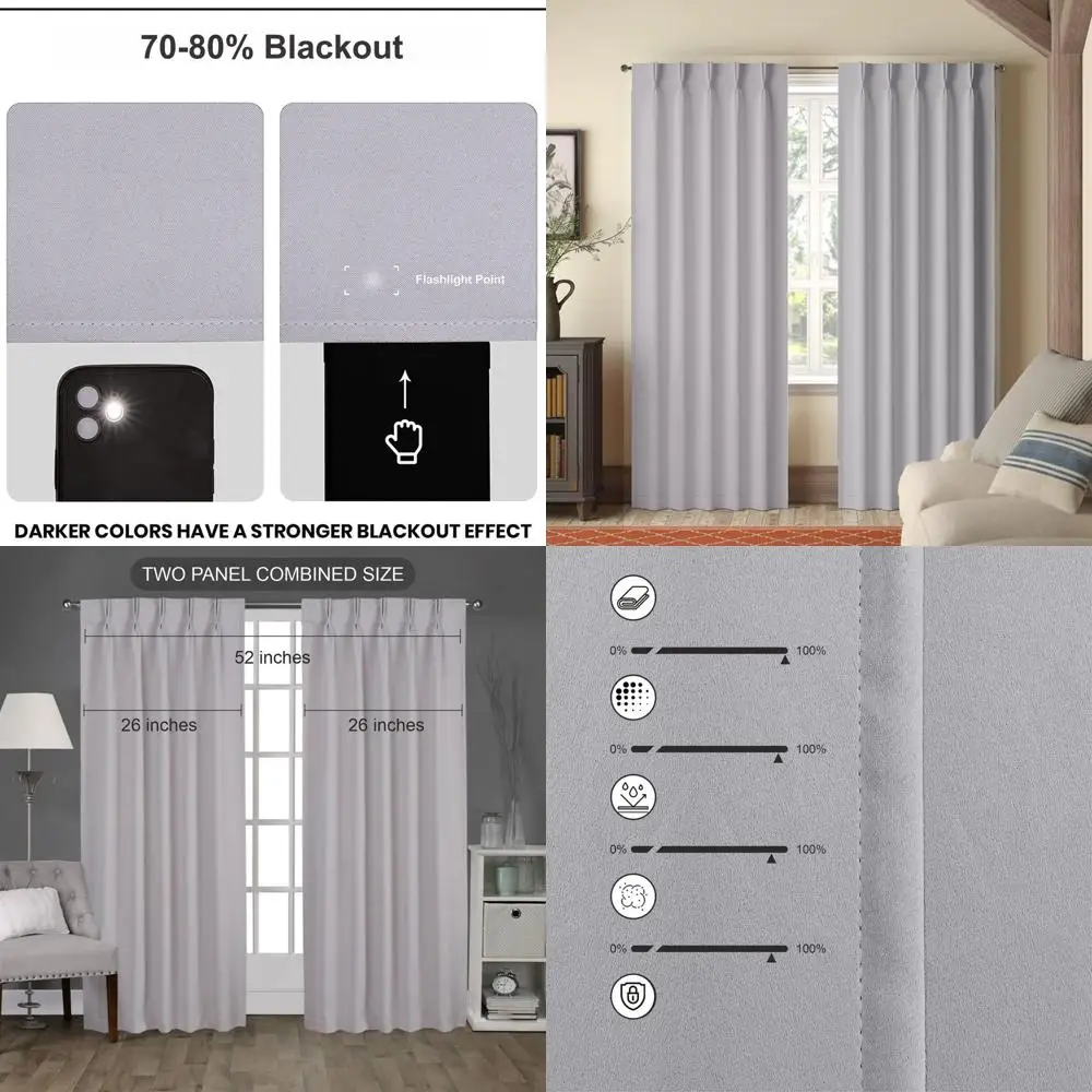 

95 Blackout Pinch Pleat Curtains Set, 2 Panels, Silver, Room Darkening, Insulated for Living Room & Bedroom, Traverse Rod Ready