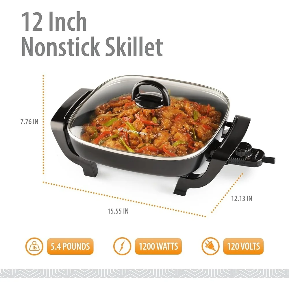 Sartén antiadherente de 12 pulgadas, Control de temperatura ajustable, tapa de vidrio templado, sartén de fácil liberación con sonda de temperatura
