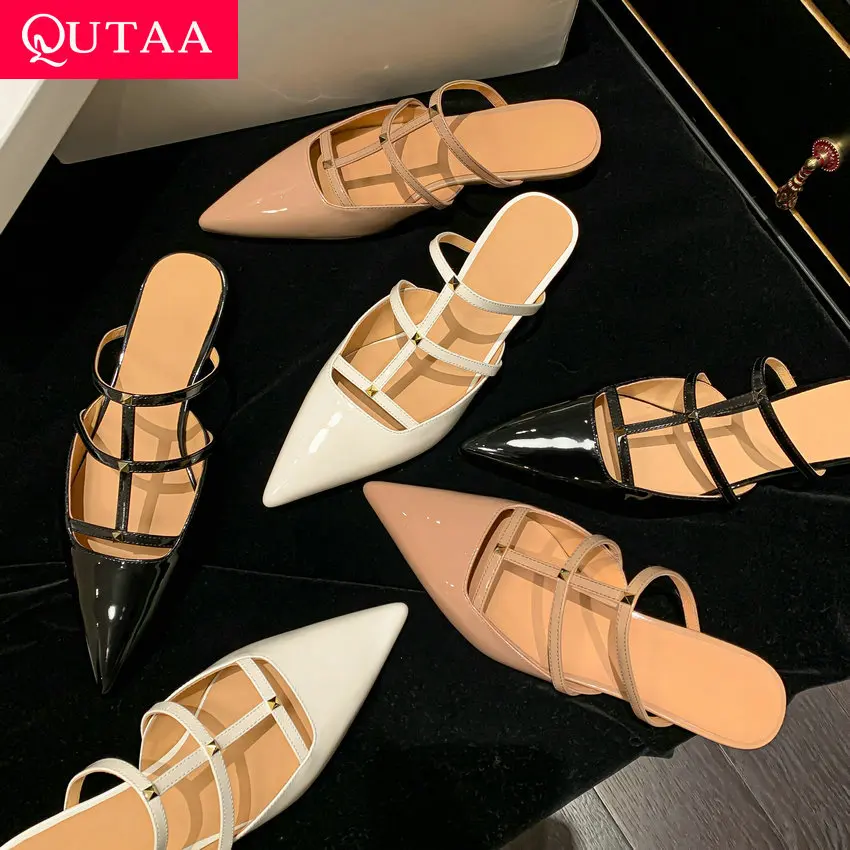 QUTAA 2024 New Women Patent Leather Sandals Pointed Toe Casual Slippers For Summer Low Heels Mary Jane Summer Shoes Size 34-39