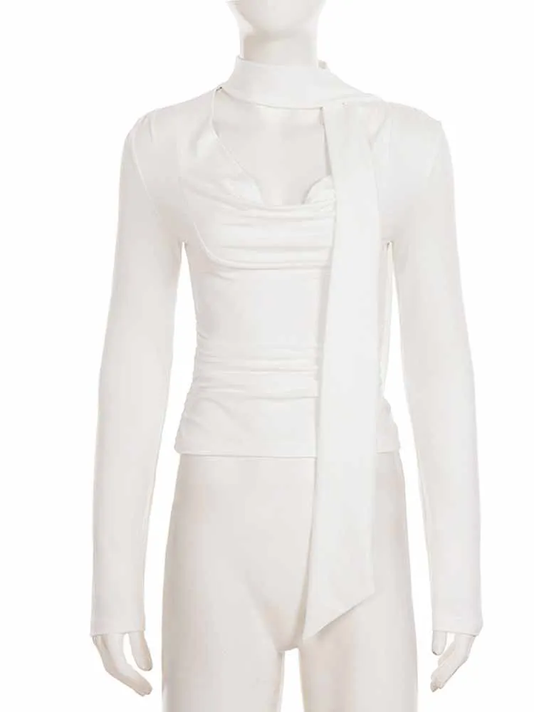 MCDV-Camiseta de manga larga con cuello oscilante para mujer, elegante bufanda lisa con cinta, Top fruncido ajustado, camisetas básicas de calle para otoño 2025