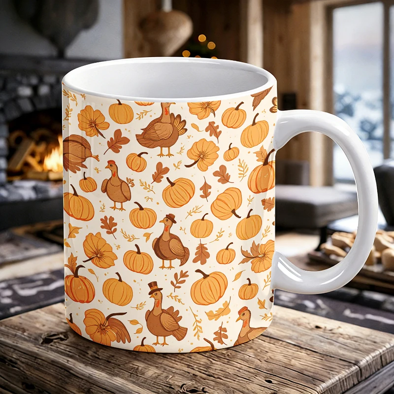 

Thanksgiving Turkey & Pumpkin Mug Fall Harvest Coffee Cup Cute All-Over Print Ceramic Water Cup for Thanksgiving Family Gift