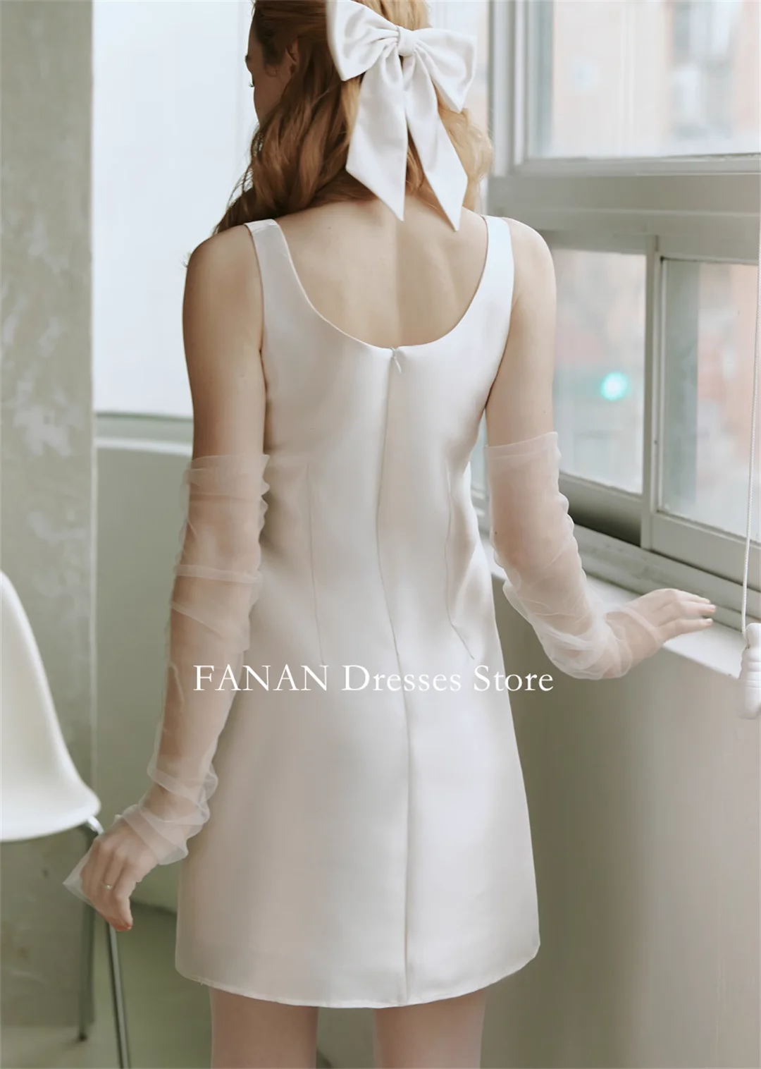 فساتين زفاف FANAN Korea برقبة على شكل حرف U بسيطة عاجية فساتين زفاف مكشكشة مخصصة من الحرير والساتان فساتين عروس صغيرة بسحاب مقاس كبير #2