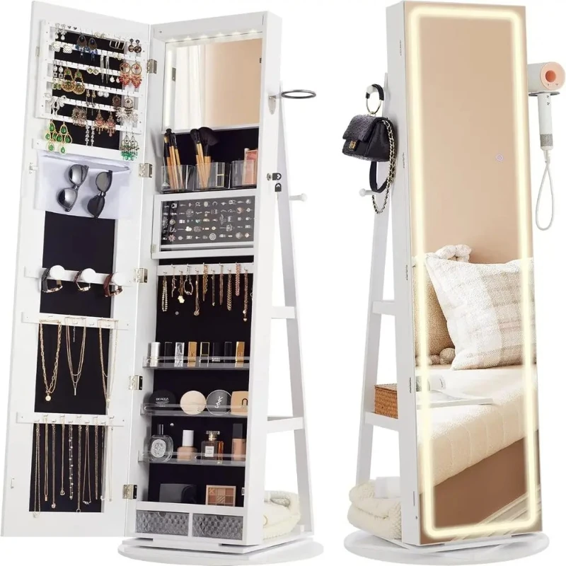 

Mirror Jewelry Cabinet Standing,360° Swivel Lockable Jewelry Armoire with Full Length Mirror and Adjustable LED Light
