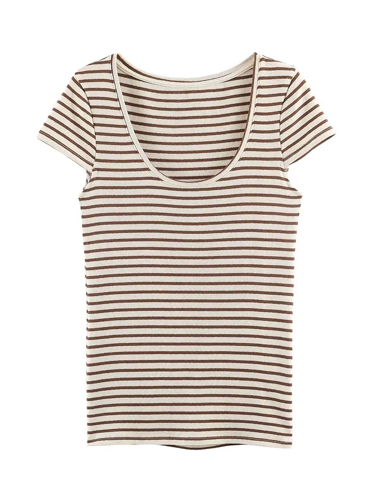 

HH Women's Summer Fashion Versatile Round Neck Striped Straight T-shirt Female Temperament Personality Simple Short-Sleeved Top