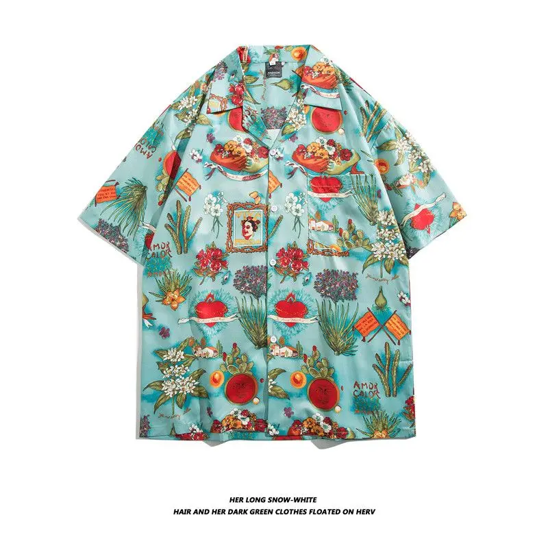

Qui Dry Cuban Collar Hawaiian Print Summer Beach irt Couple's Casual Lightweight irt Polyester ort Sve Men's irt