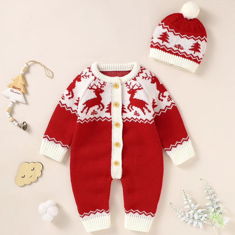 Christmas Knit Elk Romper Warm Baby Clothing Newborn Infant Toddler Boy Girl Long Sleeve Jumpsuit + Hat Fall New Year Outfits