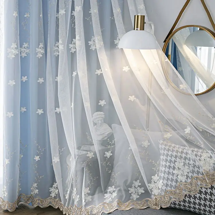 Nordic Style Double layer Curtain Pastoral Embroidered Cloth Tulle Integrated Blackout for Bedroom Living Room Window Treatment