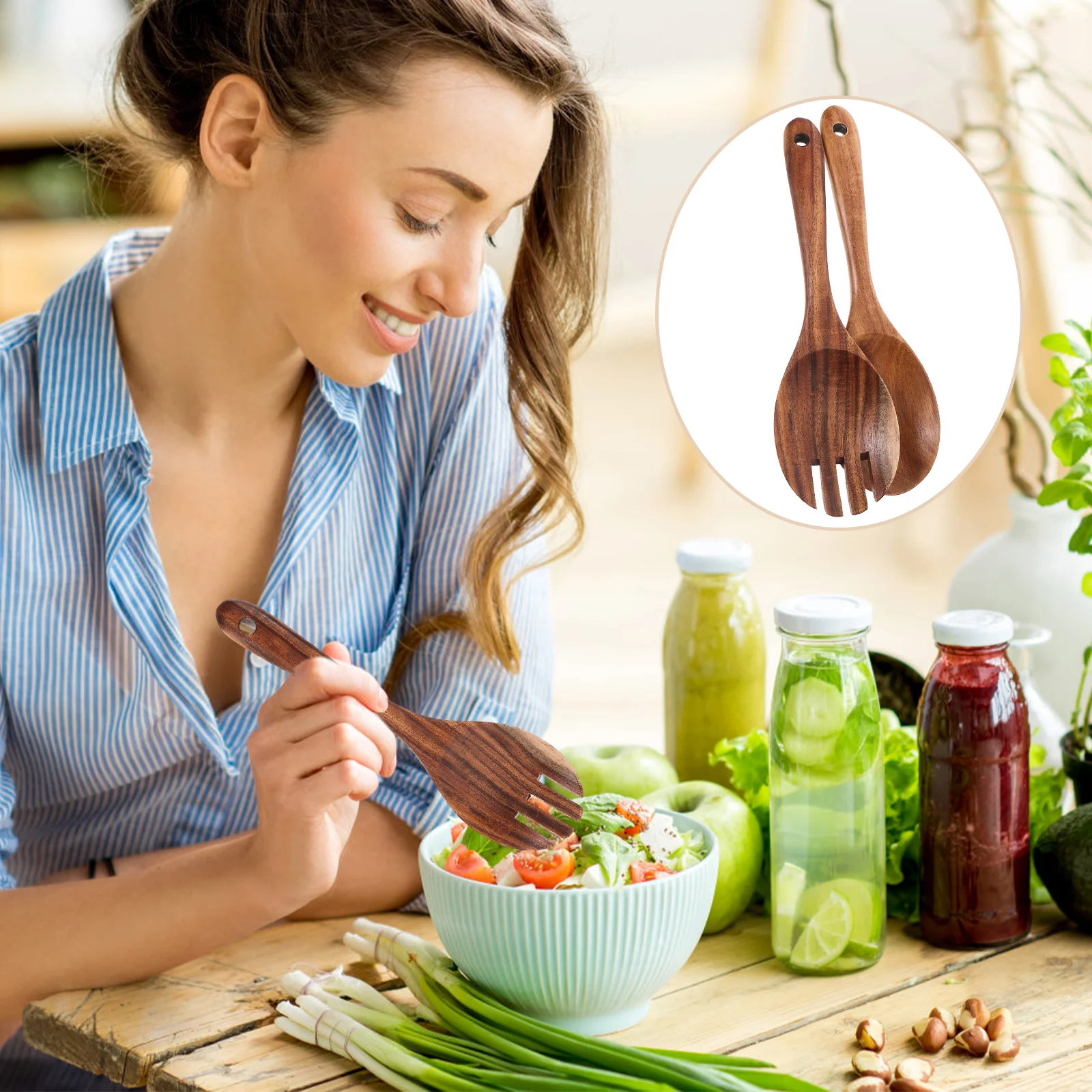 

1Set Acacia Wood Salad Fork Spoon Set Long Handle Mixing Tossing Serving Kitchen Utensils Smooth Surface Easy Clean