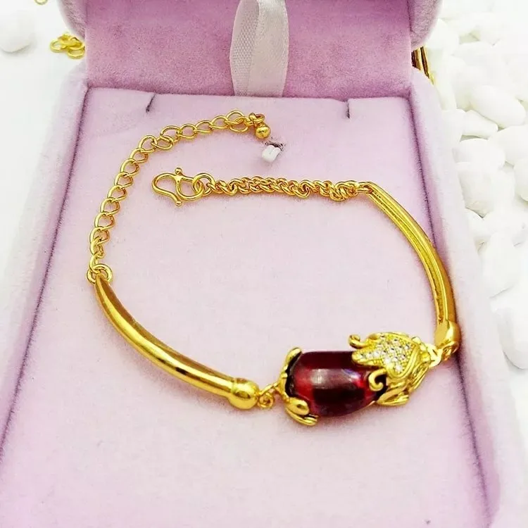 24 gold ruby Pixiu bracelet for women to attract wealth and luck, real gold 999 Pixiu necklace pendant 3-piece set