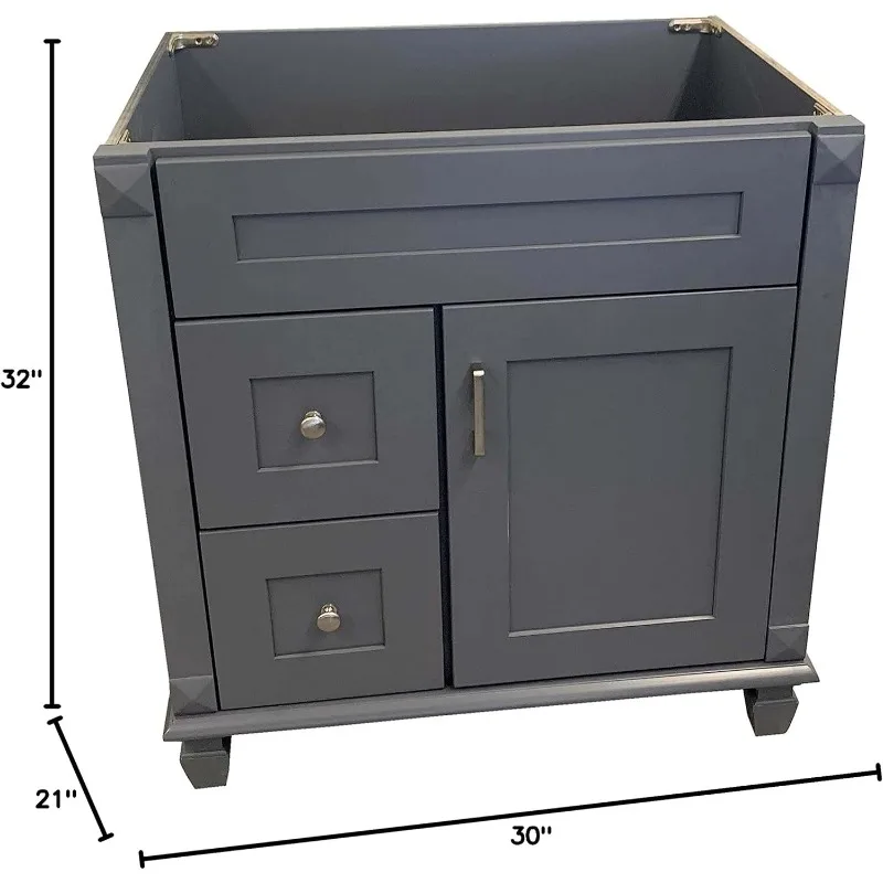 30inch Wide x 21inch Deep New Grey Shaker Single-Sink Bathroom Vanity Base Cabinet Left Sid