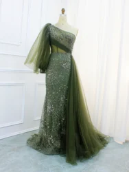 Hot Sale One Shoulder Sleeves Green Evening Dresses Luxury Beaded Cape Skirt Formal Gowns 2024 For Women Party With Best Price