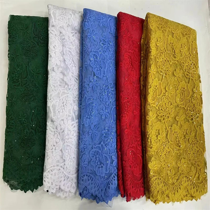 French Mesh Lace Fabric for Women, African Tulle Lace with Sequins Nigerian Mesh Fabric, Evening Dresses, Yellow, Hot Sale, 2024