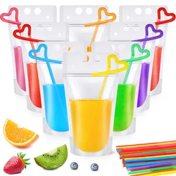 200Pcs Drink Pouches Clear Juice Bags Smoothie Fruit Drinking Pouch with Straws Reusable Handle Adult Kids Beach Party Supplies