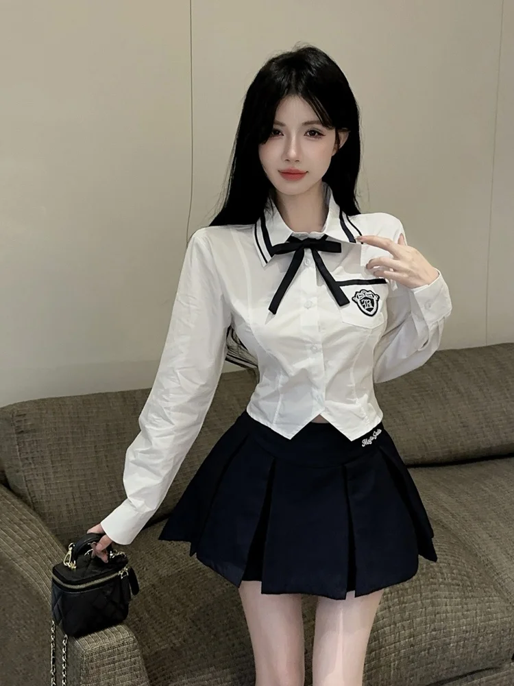 Slim Fit Shirt High Waist Pleated Skirt Set College Style Spicy Girl JK Uniform Long Sleeve Single Button Fashion Set