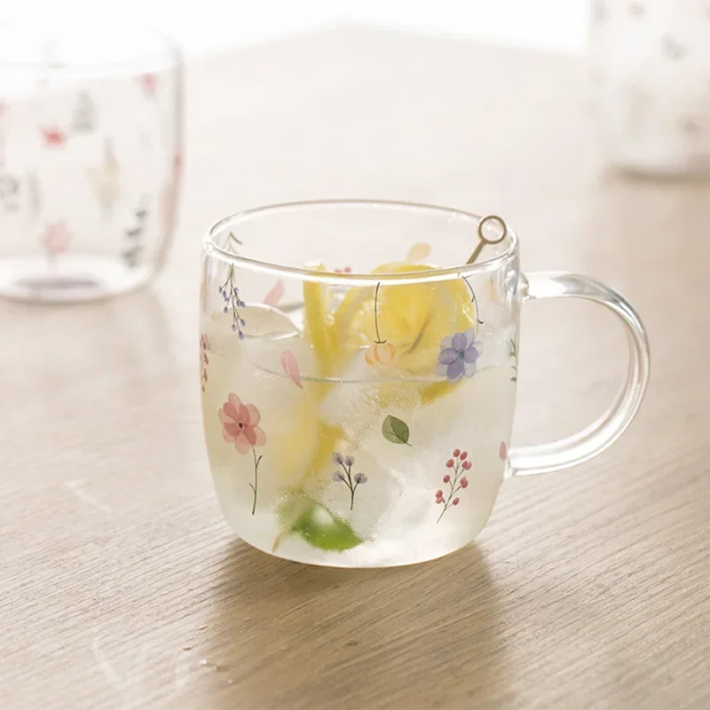 Coffee Mug Borosilicate Glass Creative Flower Pattern  with Handle Tea Water  Transparent Drinking Glasses Home Breakfast Cup