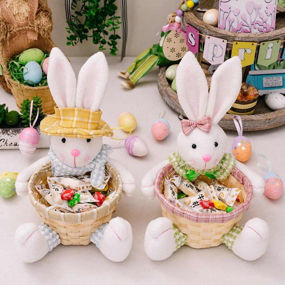 Cestino intrecciato pasquale per bambola di coniglio integrata multifunzionale, base stabile in rattan, cesto portaoggetti per uova di Pasqua, ciotola per caramelle, asilo