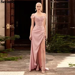 Customized Elegant Pink Mermaid Evening Dress Off The Shoulder Lace Appliques Ruched Floor Length Prom Gown Formal Party Gown