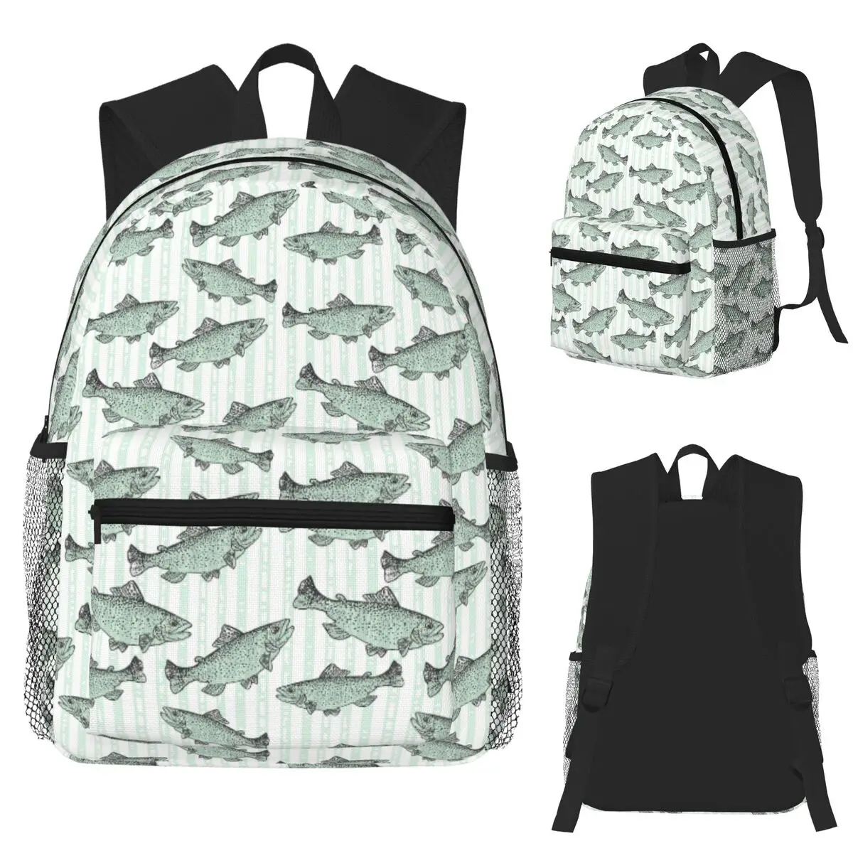 

Rainbow Trout Fish Preppy Sage Green Stripe Student Backpack School Bag Daypack for Boys Girls Fashion Bookbag Shoulder Bags