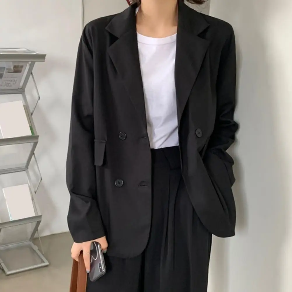 Spring Autumn Fashion Women Blazer Coat Solid Color Double Breasted Lapel Office Lady Loose Flap Pockets Suit Jacket Outerwear