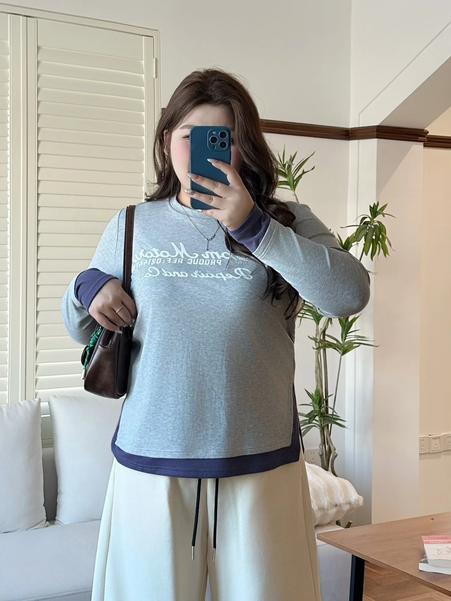 

plus Size Women's Casual Long Sleeve round Neck T-Shirt Color Block Print Spring Fashion Slimming Top Commute Style Standard Fit