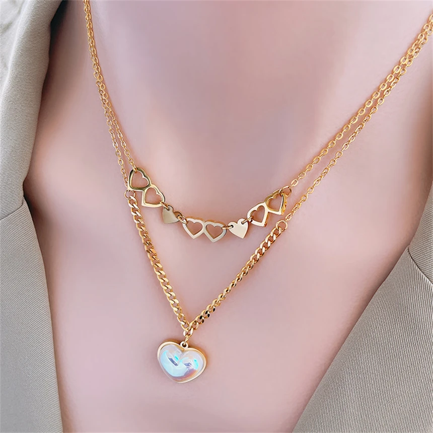 316L Stainless Steel 2 Layer Hollow Pearl Love Heart Shape Pendant Clavicular Chain Ladies Necklace Fashion Exquisite Jewelry